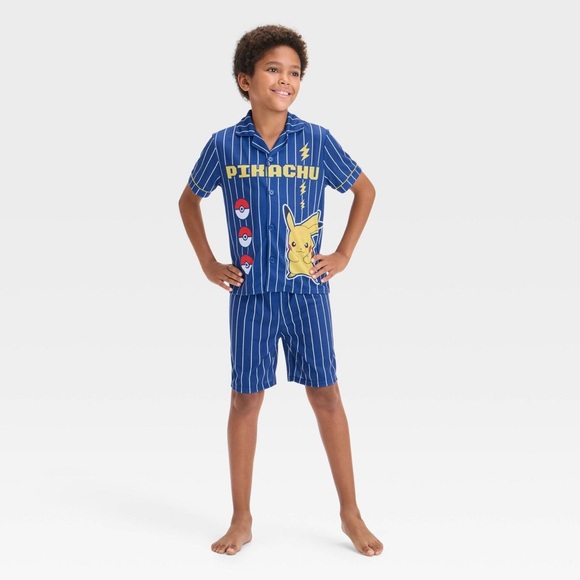 Boys' Pokémon 2pc Short Sleeve Baseball Jersey Coat Pajama Set - Navy Blue - Picture 1 of 5